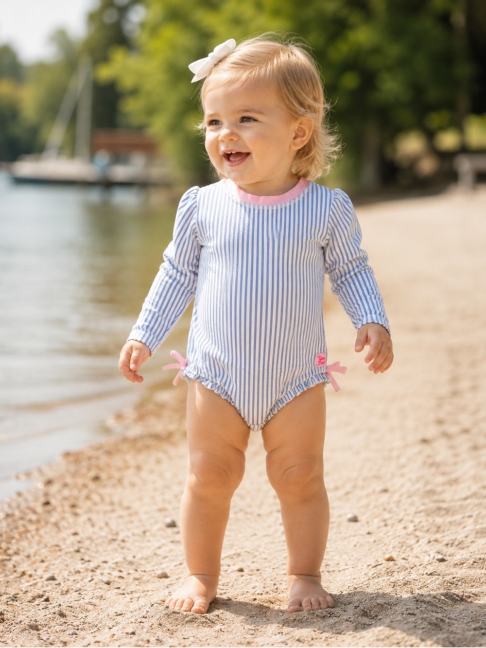 RuffleButts Baby Toddler Girl Blue Seersucker Long Sleeve One-Piece Swimsuit